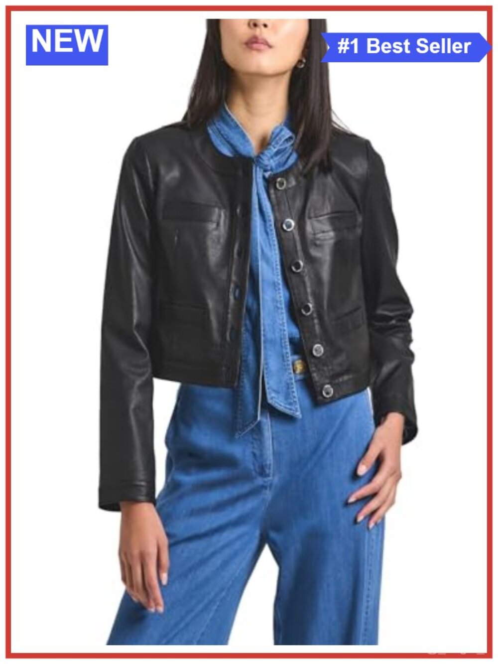 Cropped Stretch Leather Jacket with Gold Novelty Button